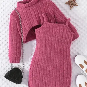 Haut bébé fille en tricot côtelé avec robe sans manches assortie – Tenue élégante automne/hiver
