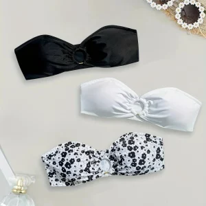 Haut de Bikini Femme Bandeau – Lot de 3 avec Anneau Central, Uni & Fleuri, Sans Bretelles