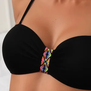 Haut de Bikini Femme – Bonnets Armatures & Détail Brodé Éthnique, Style Bohème Chic
