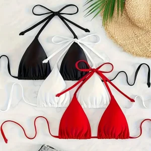 Haut de Bikini Femme Triangle – Lot de Basiques Indémodables à Nouer (Noir, Blanc, Rouge)