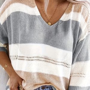 Haut tricoté femme rayé manches amples 3/4