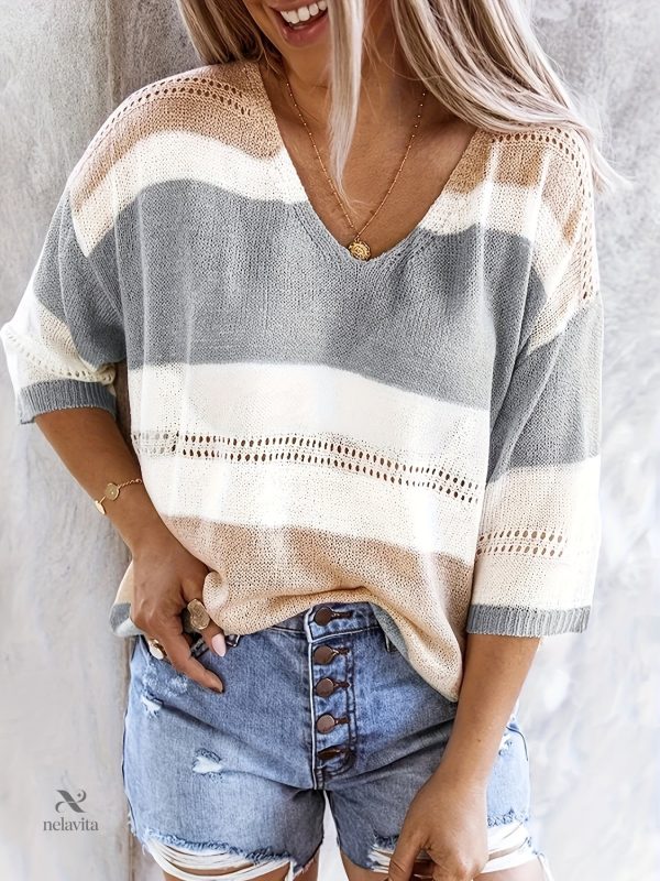 Pull rayé pour femme avec manches 3/4