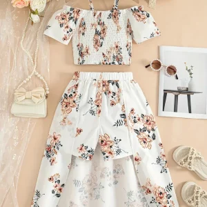 Hauts fille à fleurs – Top smocké rose avec jupe longue assortie élégante d’été