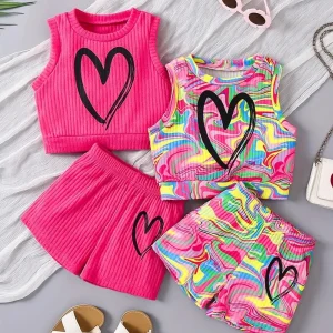 Hauts fille colorés sans manches avec imprimé cœur – Ensemble tendance été confortable