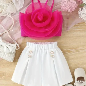 Hauts fille élégants – Top orange à fleur 3D avec short blanc chic d’été