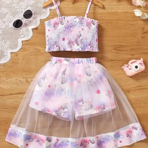 Hauts fille été à bretelles avec jupe tutu fleurie – Ensemble tropical léger et tendance