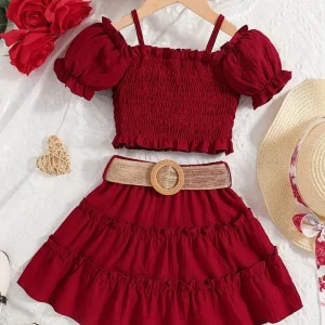 Hauts fille été chic – Top smocké à manches bouffantes avec jupe assortie rose
