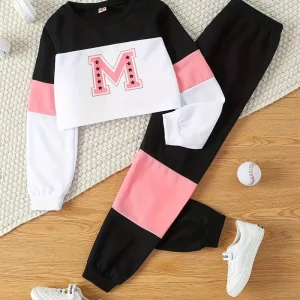 Hauts fille sport – Ensemble sweat crop top à manches longues et pantalon jogging noir et vert