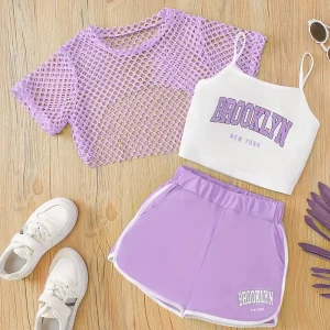 Hauts fille tendance – Ensemble crop top Brooklyn et short vert fluo avec t-shirt résille