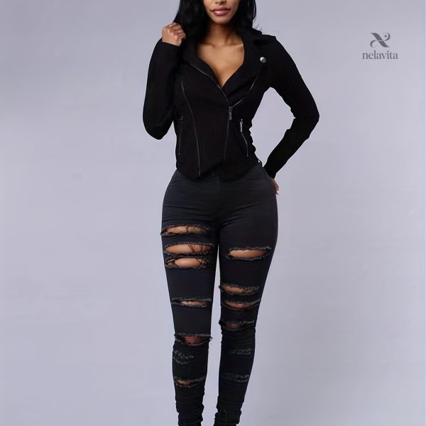 Jean femme avec taille haute et effet usé pour un confort optimal