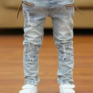 Jean Garçon avec Taille Élastique – Pantalons Enfant Confortables Style Décontracté avec Poches Zippées