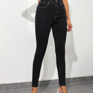 Jean skinny femme bleu foncé taille haute extensible