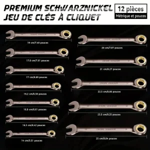 Jeu de clés à cliquet 12 pièces en acier CR-V