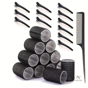 Kit Bigoudis Auto-Agrippants – 12 Rouleaux Volume + 12 Pinces + Peigne à Queue