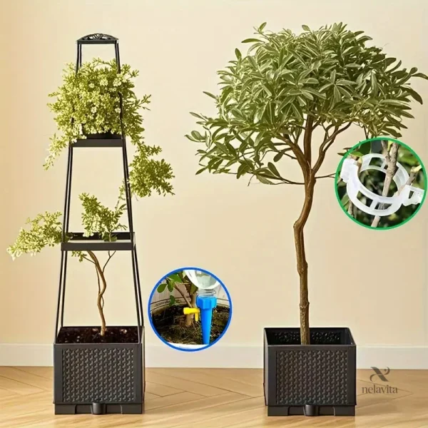 Kit de soutien et arrosage pour plantes avec pot carré et tuteur