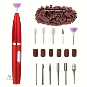 Kit de Ponceuse Électrique Ongles – Lime Manucure & Pédicure avec 6 Embouts + 20 Bandes de Ponçage