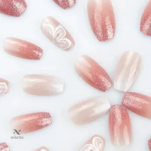 Kit Faux Ongles Pailletés Rose avec Strass
