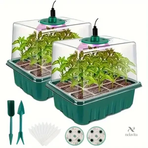 Kit Mini Serre avec Éclairage LED pour Semis – 2 Bacs Chauffants avec Lampe de Croissance, Outils et Étiquettes Inclus