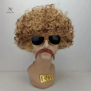 Kit Perruque Homme Disco Années 70 – Afro Bouclé Blond/Noir, Lunettes, Moustache & Collier Doré