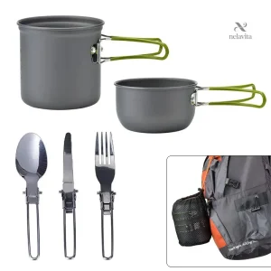 Kit ustensiles de camping léger – Popote en aluminium avec couverts pliables et sac de transport