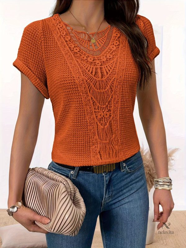 lace-splicing-crew-neck-t-shirt-casual-short-sleeve-top-f-oq0rvo-1 T-shirt Femme Dentelle Col Rond