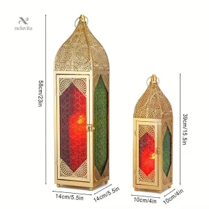 Lanterne marocaine extérieure dorée avec vitraux colorés