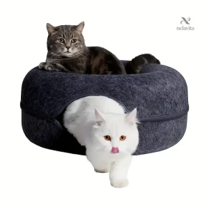 Lit Donut Double Entrée pour Chat – Maison Fermée en Feutre avec Coussin Douillet Intégré