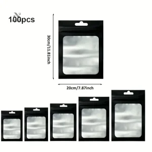 Lot de 100 Sacs Zip Transparente avec Fenêtre – Sachets Refermables Noir Mat 20x30cm pour Emballage et Expédition