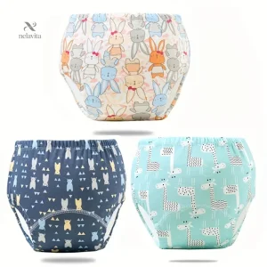 Lot de 3 Culottes d’Apprentissage Bébé – Couches Lavables Réutilisables Imprimées Arc-en-Ciel, Animaux et Baleines