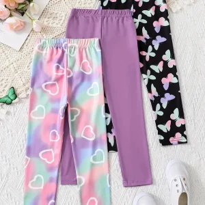 Lot de 3 Leggings Fille – Pantalons Colorés Motifs Cœurs, Papillons et Uni Violet