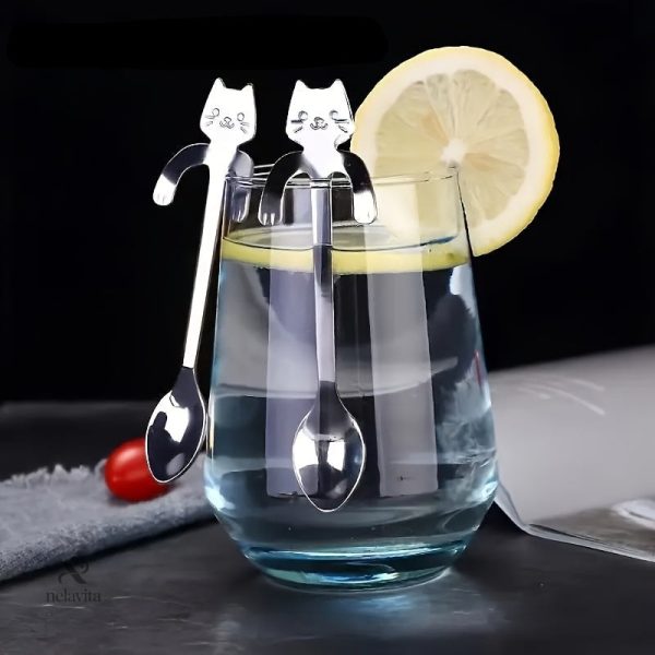 Cuillères à café en acier inoxydable motif chat