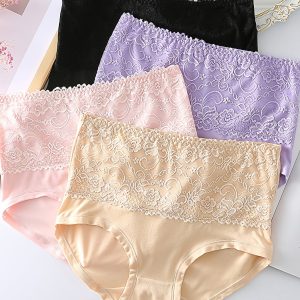 Lot de 4 Culottes Plus-Size Élégantes Taille Haute, Détail en Dentelle Contrastée