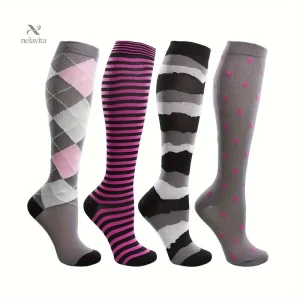 Lot de 4 paires de chaussettes hautes homme – Motifs rayures et cœurs, style fantaisie noir et blanc