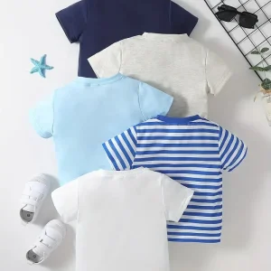 Lot de 5 t-shirts garçon basiques – Hauts unis et rayé coton respirant