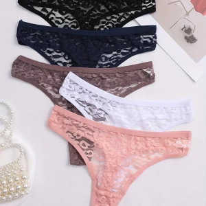 Lot de Strings Sexy Femme en Dentelle Transparente – Lingerie Fine Confortable, Motif Léopard Discret
