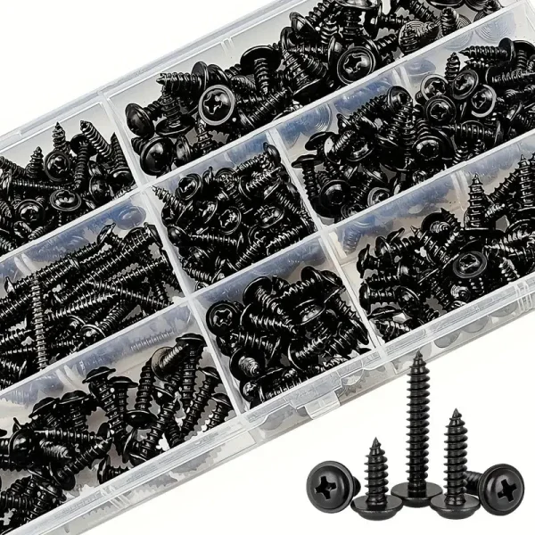 Lot de vis auto-perceuses noires avec rondelle pour divers usages