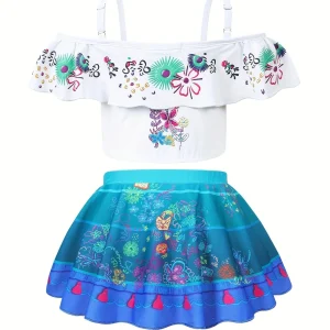Maillot de bain deux pièces fille – Haut à volants bohème et jupe imprimée avec nœud