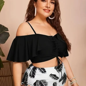 Maillot de bain deux pièces grande taille – Haut à volants noir & culotte feuillage taille haute