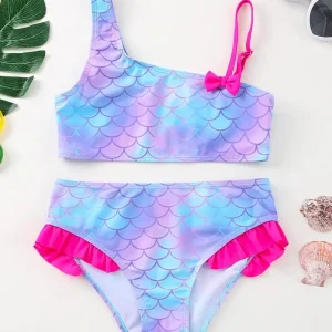 Maillot de bain fille deux pièces sirène – Bikini écailles multicolores avec volants roses