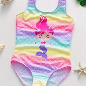 Maillot de bain fille deux pièces sirène – Bikini écailles multicolores avec volants roses