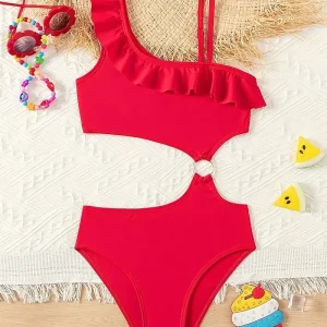 Maillot de bain fille noir une pièce asymétrique avec volant – Élégant et tendance pour l’été