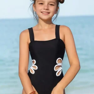 Maillot de bain fille une pièce bleu marine – Maillot chic avec découpes nouées sur les côtés