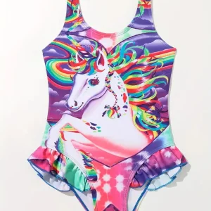 Maillot de bain fille une pièce licorne – Maillot violet arc-en-ciel avec volants