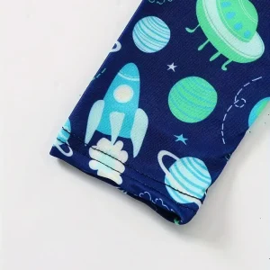 Maillot de bain garçon deux pièces anti-UV à manches longues motif espace fusée et planètes – Protection solaire plage et piscine
