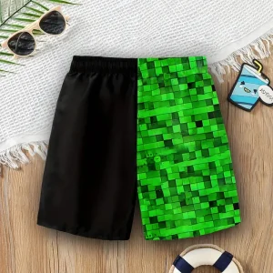 Maillot de bain garçon short plage vert et noir style pixel – Confort léger et séchage rapide