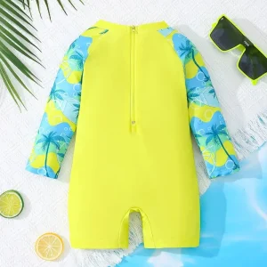 Maillot de bain garçon une pièce anti-UV manches longues – Combinaison de plage jaune et bleue avec imprimé palmier
