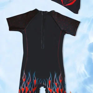 Maillot de bain garçon une pièce noir et rouge motif super-héros araignée + bonnet – Combinaison anti-UV été