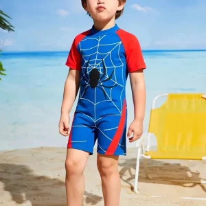 Maillot de bain garçon une pièce rouge motif toile d’araignée – Combinaison anti-UV été piscine et plage