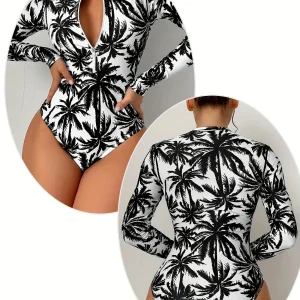 Maillot de Bain Rashguard Femme Longsleeve – Imprimé Palmiers Noirs et Blancs, Fermeture Éclair Frontale