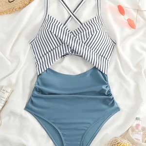 Maillot de Bain Une Pièce Femme – Rayures Élégantes et Taille Haute Sculptante